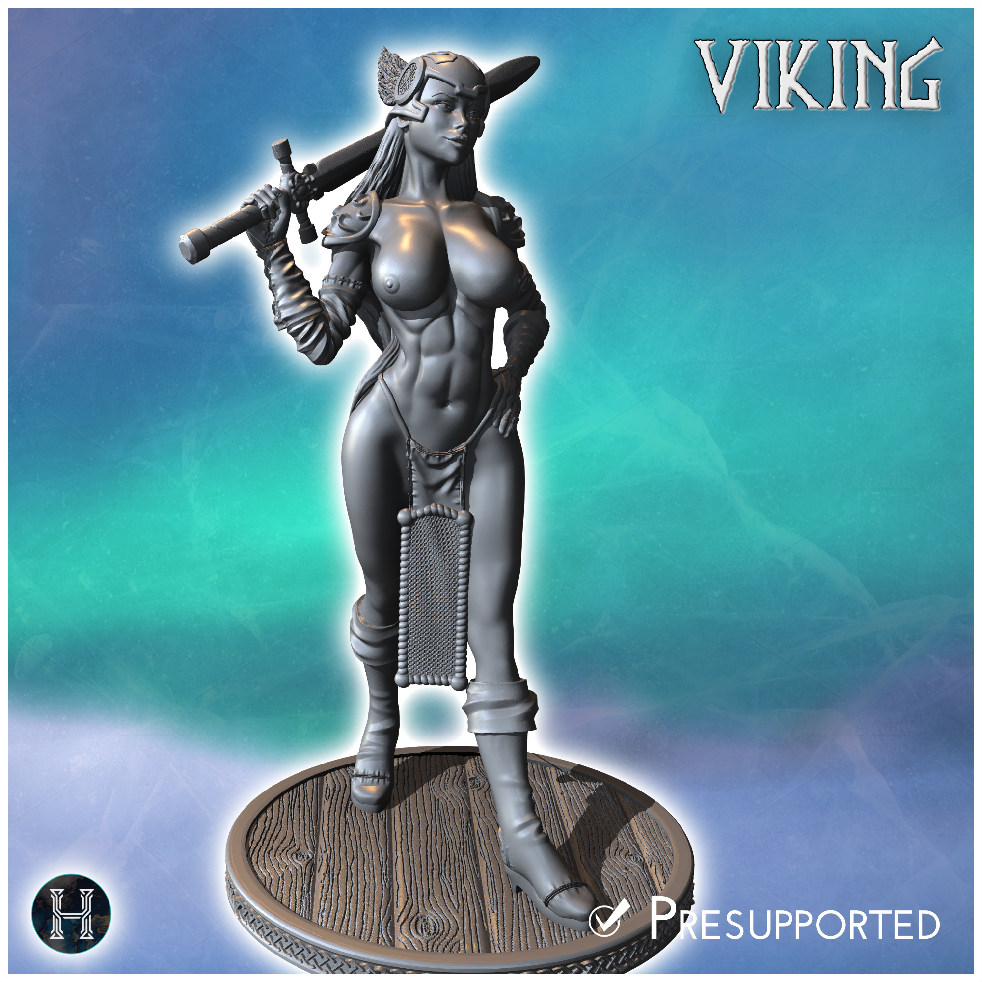 Female warrior holding a large sword on her shoulder, wearing detailed armor with helmet (35) (NSFW) - North Northern Norse Nordic Saga 28mm 15mm Medieval Dark Age